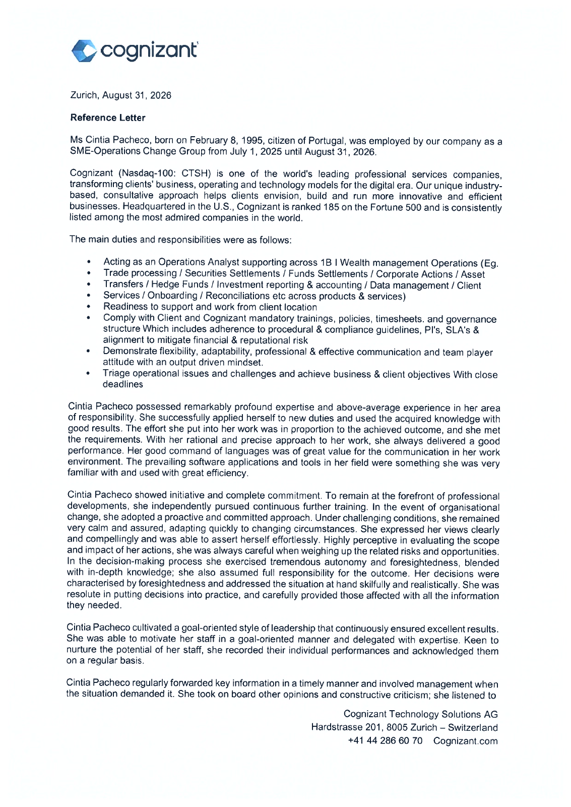 Original Cognizant reference letter, page 1 of 2