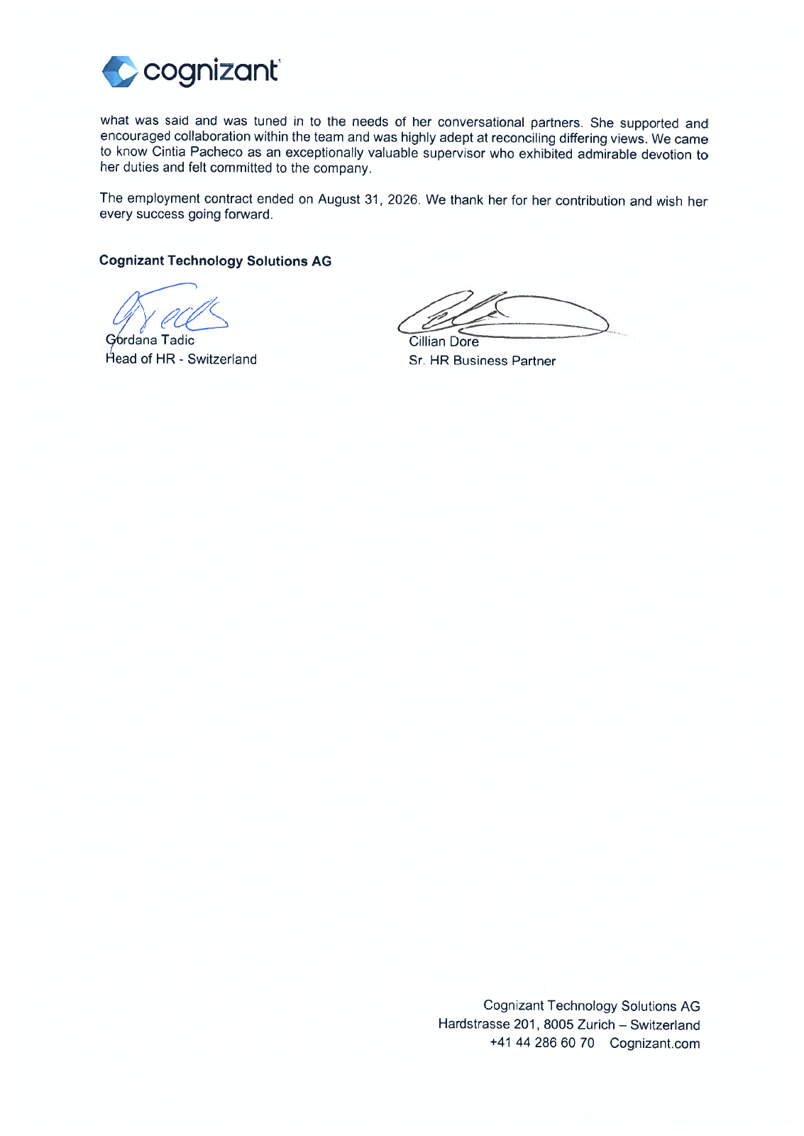 Original Cognizant reference letter, page 2 of 2